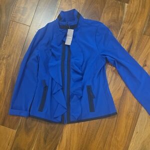 Chico's Royal Blue Ruffled Front Jacket with Black Trim